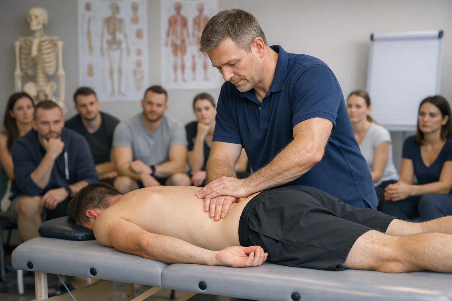 Fizjoterapeuta prowadzący terapię manualną podczas szkolenia