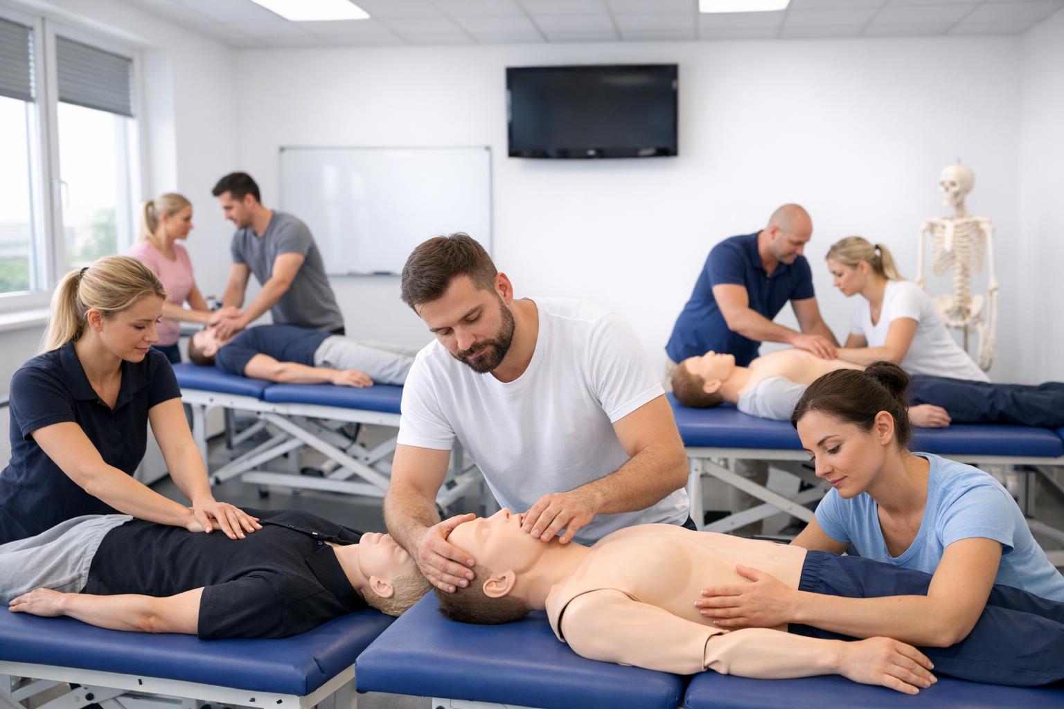 Zdjęcie sali szkoleniowej z fizjoterapeutami ćwiczącymi na manekinach