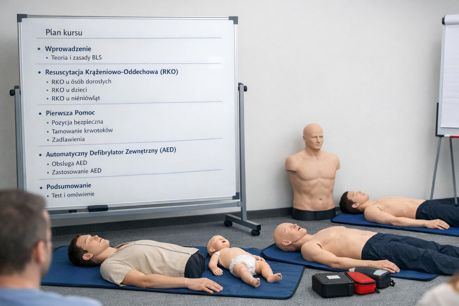 Zdjęcie tablicy programowej kursu oraz manekinów do ćwiczeń w trakcie szkolenia