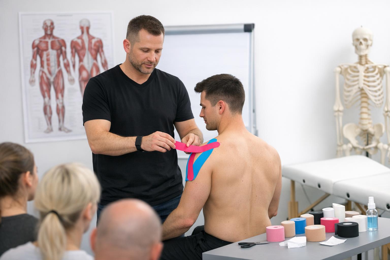 Zdjęcie: instruktor pokazujący technikę tejpowania na modelu podczas szkolenia
