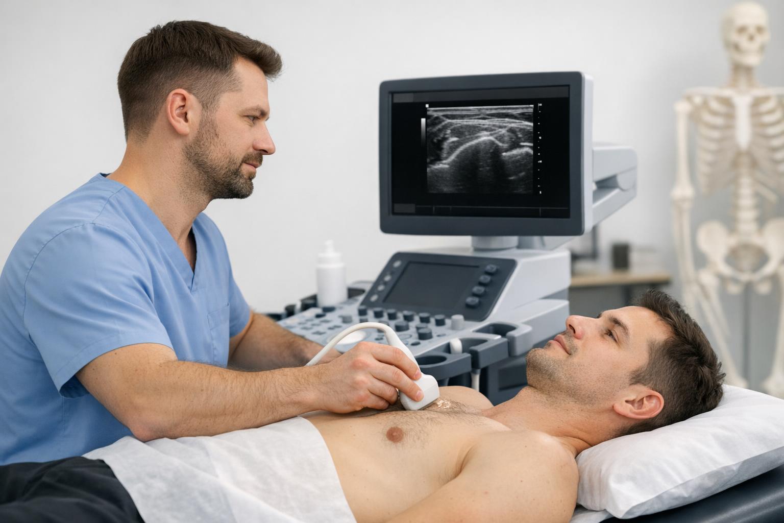 Zdjęcie fizjoterapeuty wykonującego badanie ultrasonograficzne pacjenta